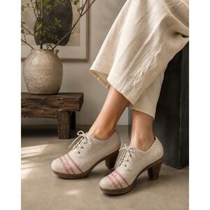 Coclico Linen Lace Up Platform Heels Wood Heel EU 38 Artisan Oxford